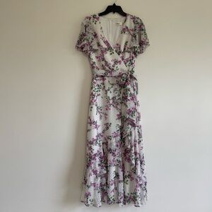 Eliza J Lilac White Floral Wrap Ruffled Tie Front Midi Dress